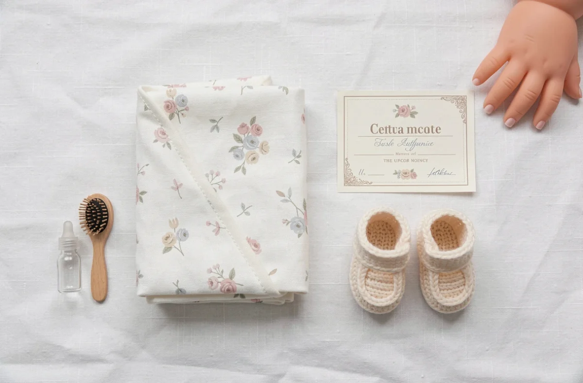 Accessoires pour poupée reborn fille disposés en flat-lay : biberon miniature, brosse, chaussons tricotés, couverture en coton et certificat d'authenticité