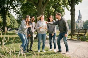 Groupe d'amis adultes jouant à une chasse au trésor en plein air dans un parc de Seine-et-Marne