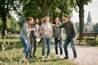 Groupe d'amis adultes jouant à une chasse au trésor en plein air dans un parc de Seine-et-Marne