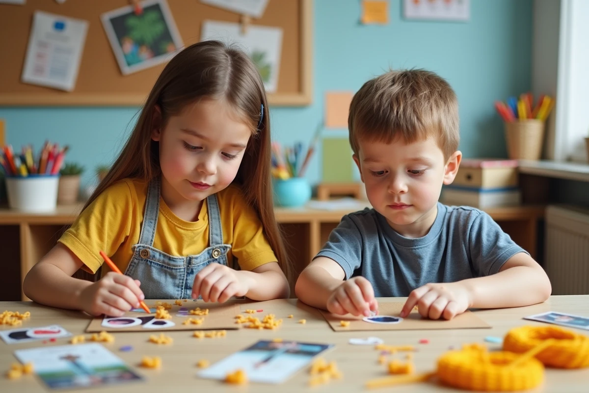 Deux enfants de 6 à 8 ans réalisant un collage créatif avec des magazines découpés, des gommettes et de la colle sur des cartons