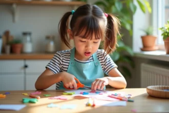 Petite fille de 7 ans faisant une activité manuelle de découpage de papier coloré à une table en bois avec des fournitures créatives