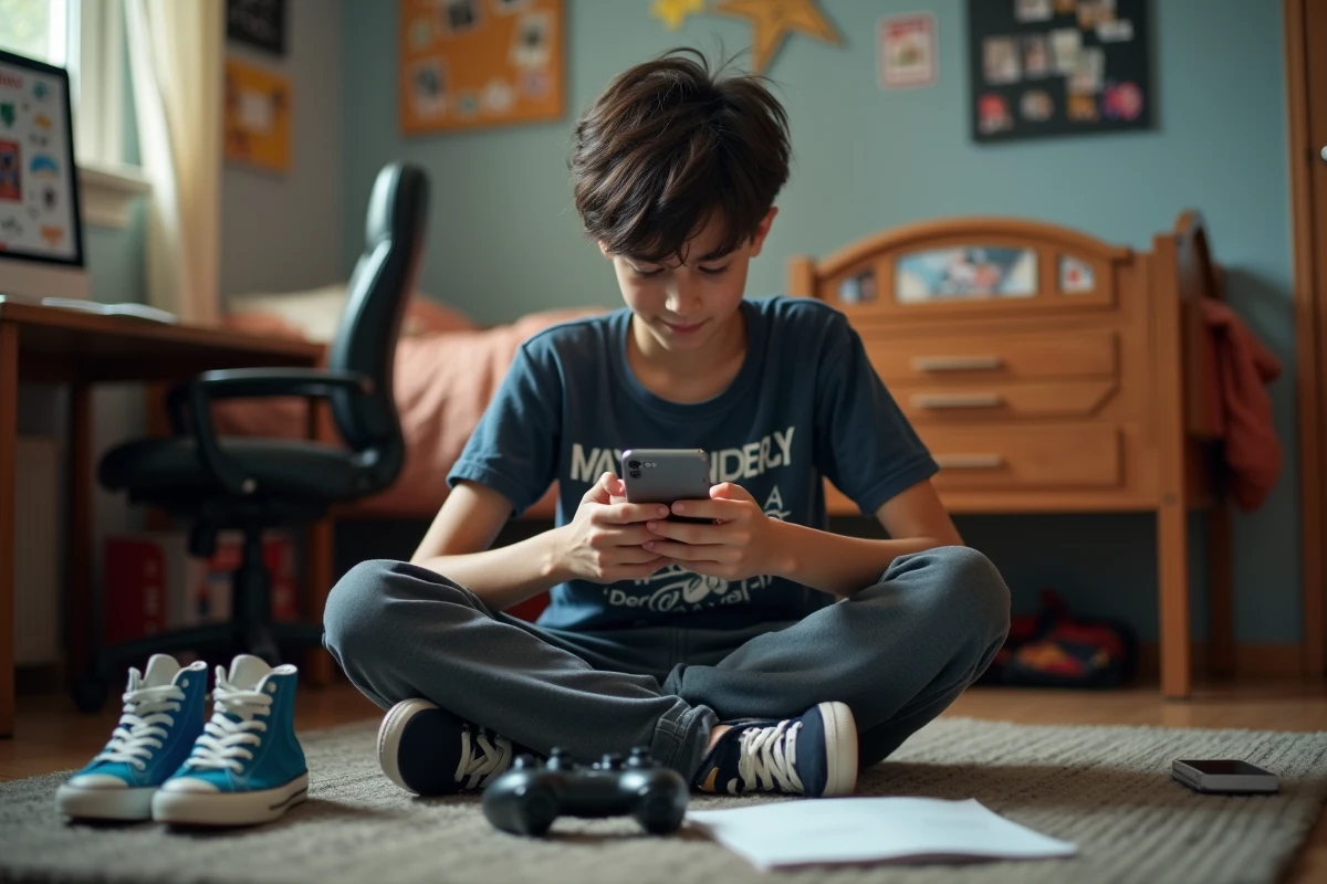 Adolescent assis sur le sol de sa chambre en train de rédiger un message d'anniversaire sur son smartphone