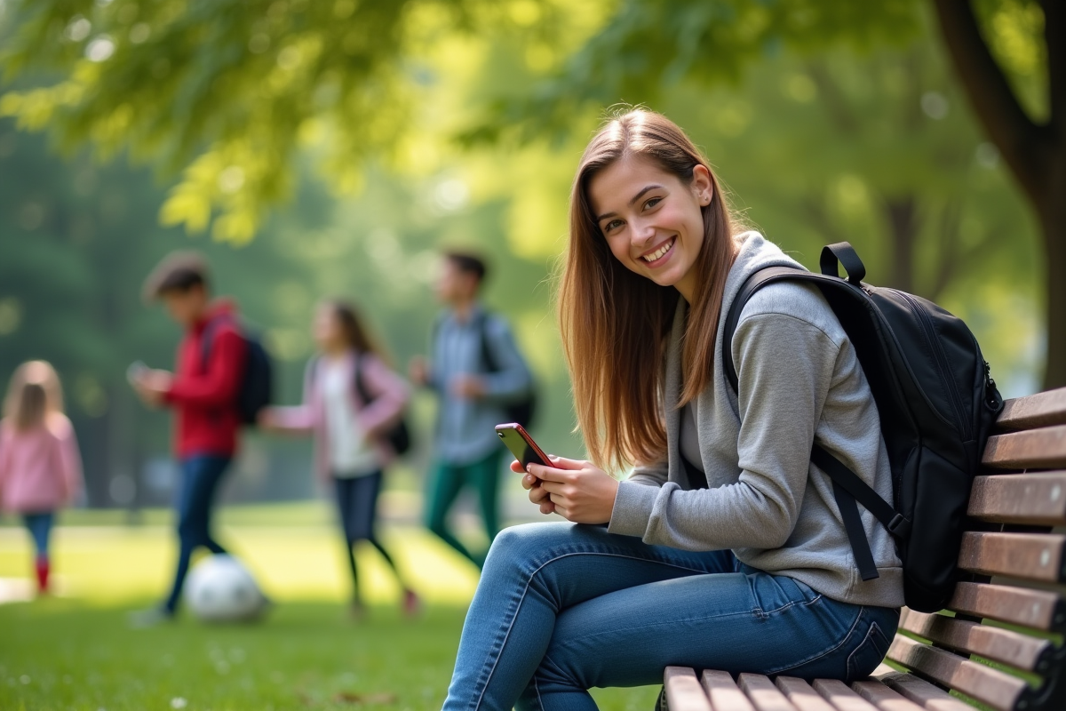 Adolescent souriant sur un banc dans un parc avec amis et ballon de football