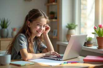 Adolescent souriant utilisant un ordinateur pour devoirs