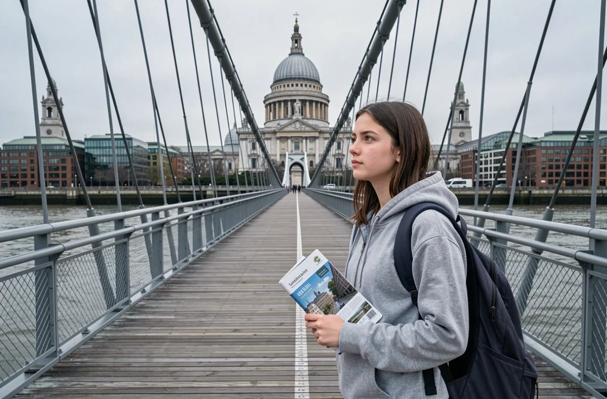 Adolescente sur le Millennium Bridge avec vue sur Saint-Paul lors de vacances scolaires à Londres