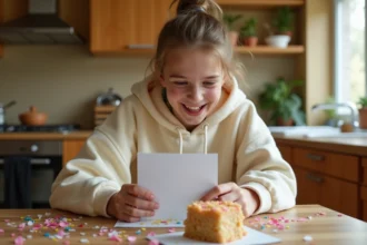 Adolescente qui rit en lisant un mot d'anniversaire fait main, assise à une table de cuisine moderne décorée de confettis colorés