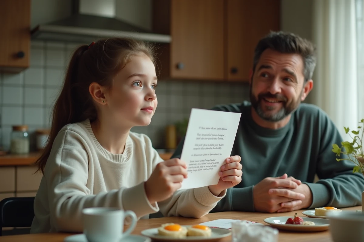 Adolescente timide remettant un poème court à son père assis à la table du petit-déjeuner lors de la fête des pères