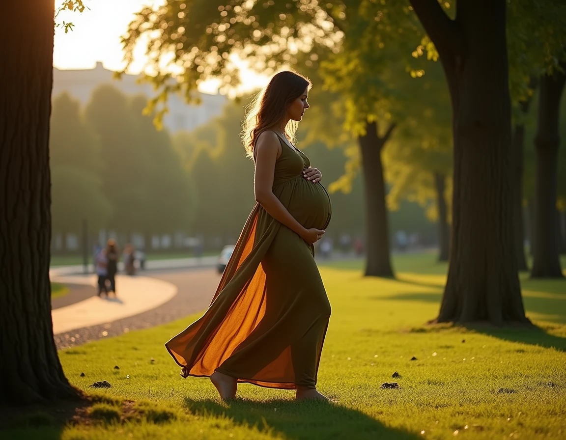 Aline Deguy photographe de grossesse à Paris, femme enceinte en robe bohème marchant dans un parc parisien