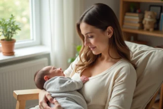 Mère allaitant son nouveau-né dans un fauteuil confortable d'une chambre de bébé décorée avec soin, illustrant l'allaitement maternel exclusif pendant le congé maternité