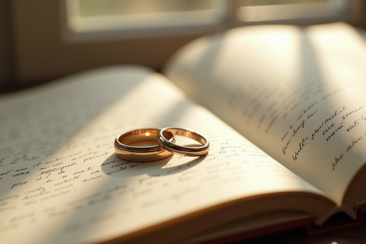 Alliances de mariage sur un carnet avec reflections manuscrites