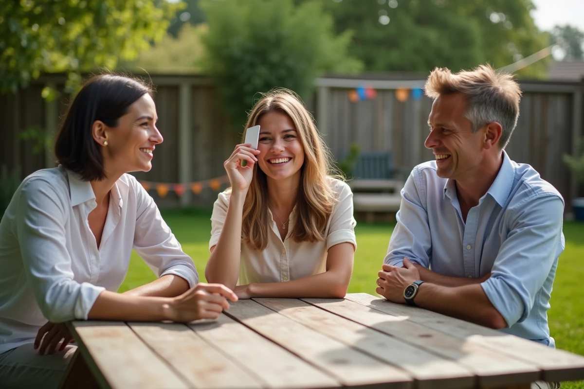 Trois amis jouant à un jeu en extérieur dans un jardin
