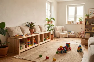 Espace de garde d'enfants chaleureux chez une assistante maternelle en Auvergne-Rhône-Alpes, avec jouets éducatifs et coin lecture