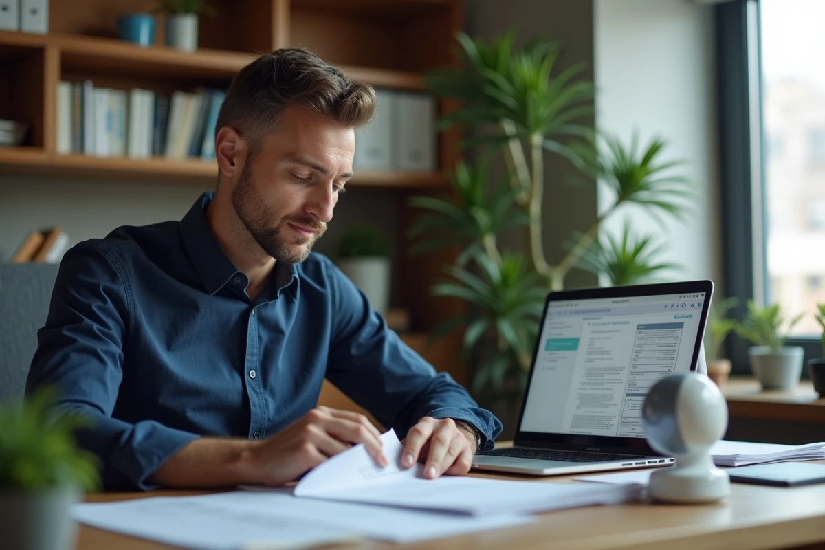 Autoentrepreneur consultant des documents administratifs sur le congé paternité depuis son bureau à domicile