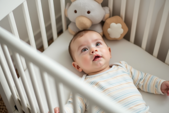 Bébé de six mois dans un lit bébé blanc regardant vers le haut