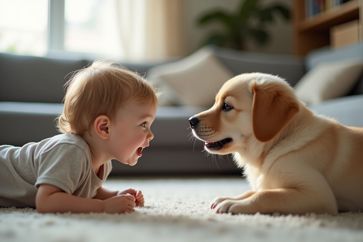 Bébé curieux face à un chiot labrador dans le salon