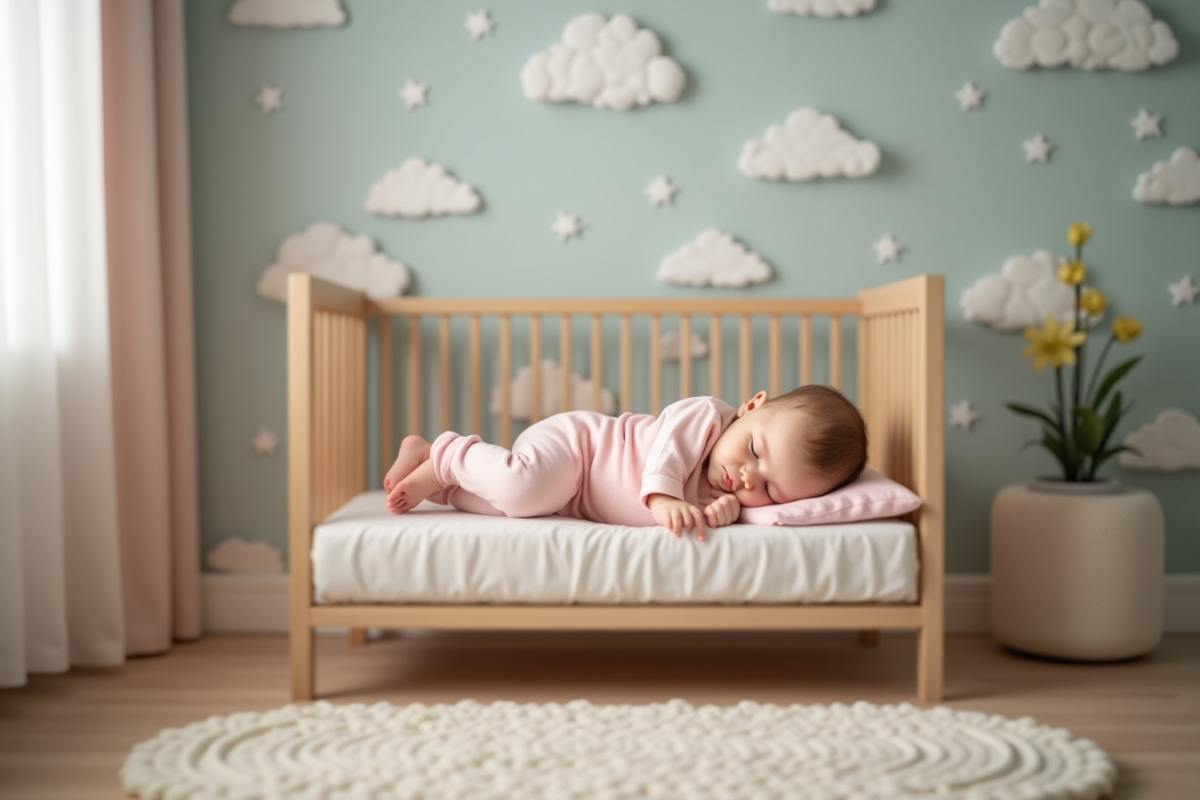Bébé fille endormie dans un lit en bois avec décor naturel