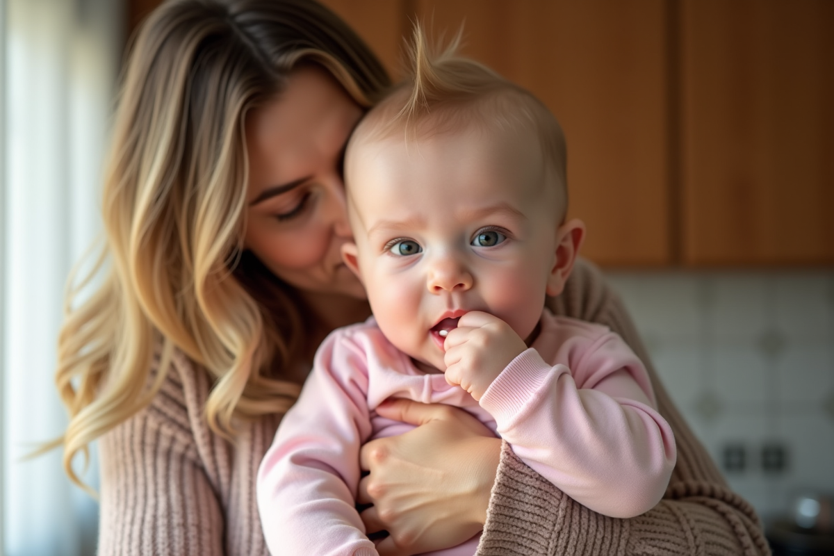 Bébé fille de 7 mois dans les bras de sa mère dans la cuisine en matinée