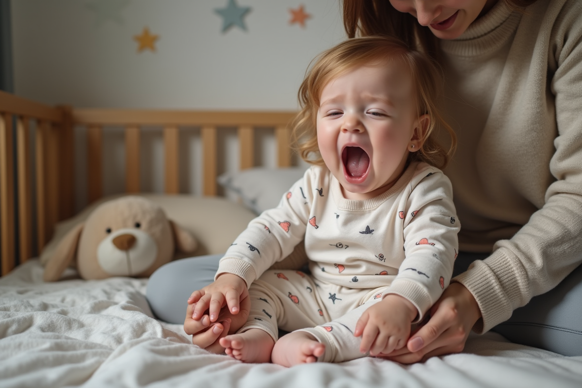 Bebe fille de 2 ans dans son lit en pyjama se fait réveiller par sa mère