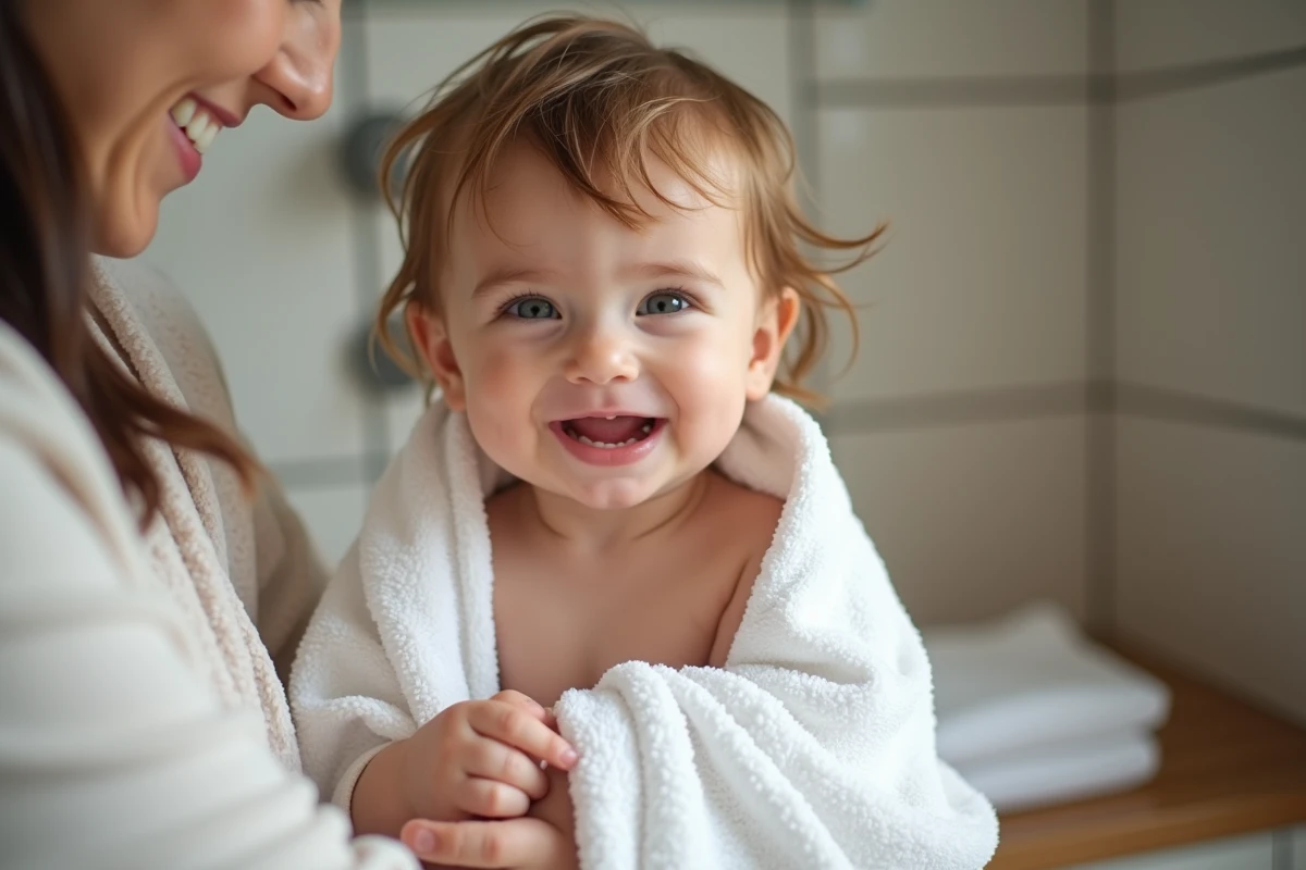 Bébé garçon souriant dans une serviette blanche en famille