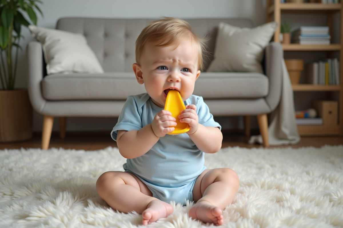 Bébé de 9 mois en body bleu clair mordant un anneau en silicone