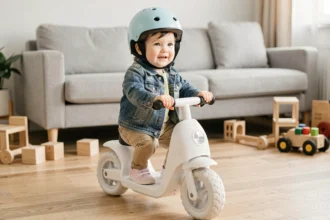 Bébé de 2 ans assis sur un scooter électrique blanc dans un salon moderne avec casque bleu pastel