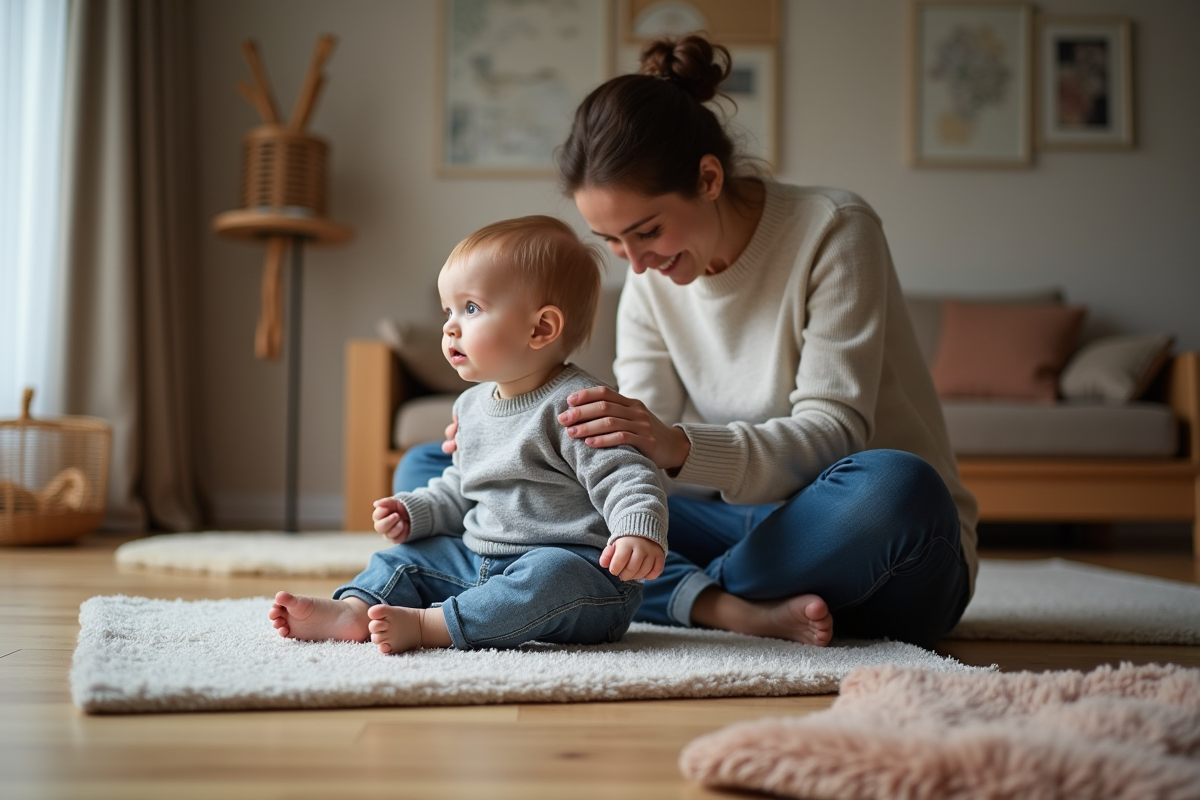 Bébé de 18 mois avec parent dans un salon chaleureux
