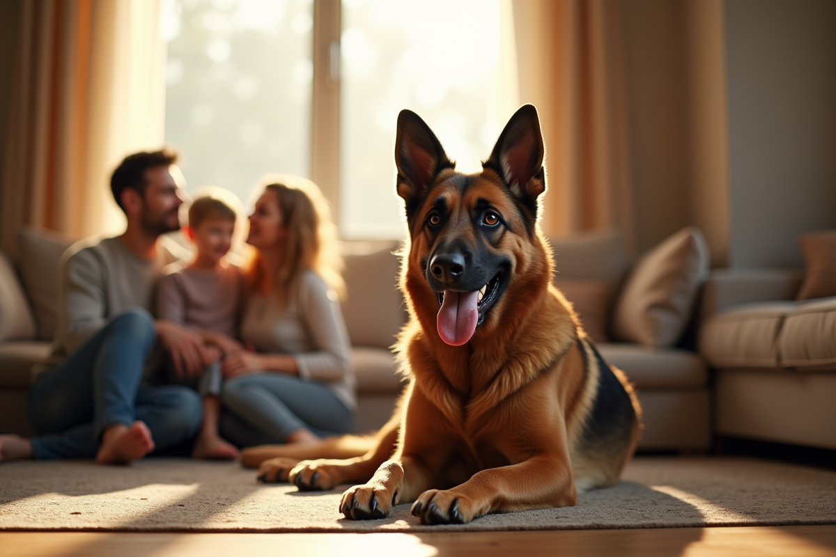 Chien berger malinois calme avec famille dans le salon