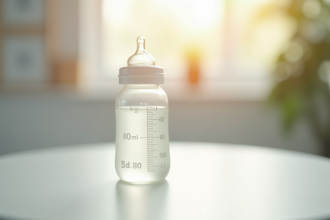 Biberon en verre rempli à 80 ml sous lumière naturelle douce