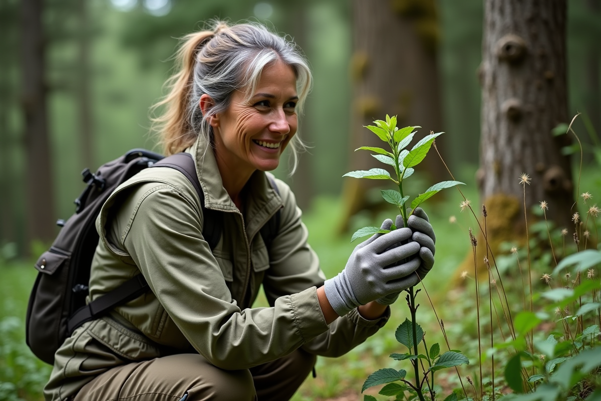 Femme botaniste examinant une plante Margoulette en forêt