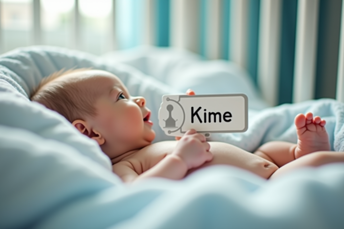Gros plan sur une étiquette de lit de bébé avec un nom commençant par K