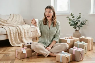 Jeune femme découvrant des cadeaux baby shower originaux et utiles au quotidien dans un salon scandinave lumineux