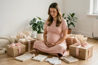Jeune femme enceinte découvrant des cadeaux gratuits pour la naissance dans un salon cosy et lumineux