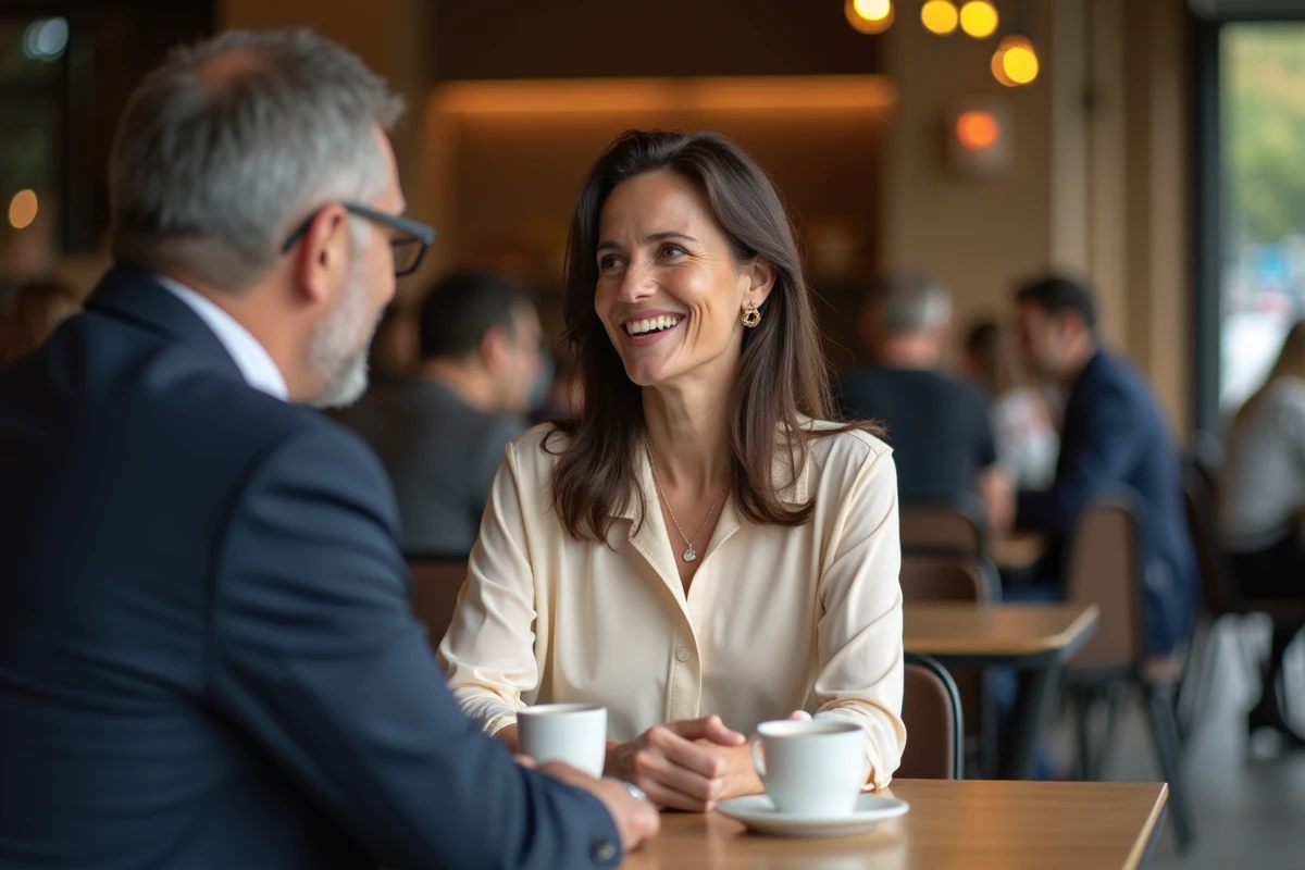 Femme et homme souriants dans un café chaleureux