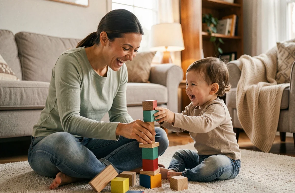 Carla, assistante maternelle agréée à Clermont-Ferrand, jouant avec des cubes en bois colorés avec un tout-petit sur un tapis moelleux