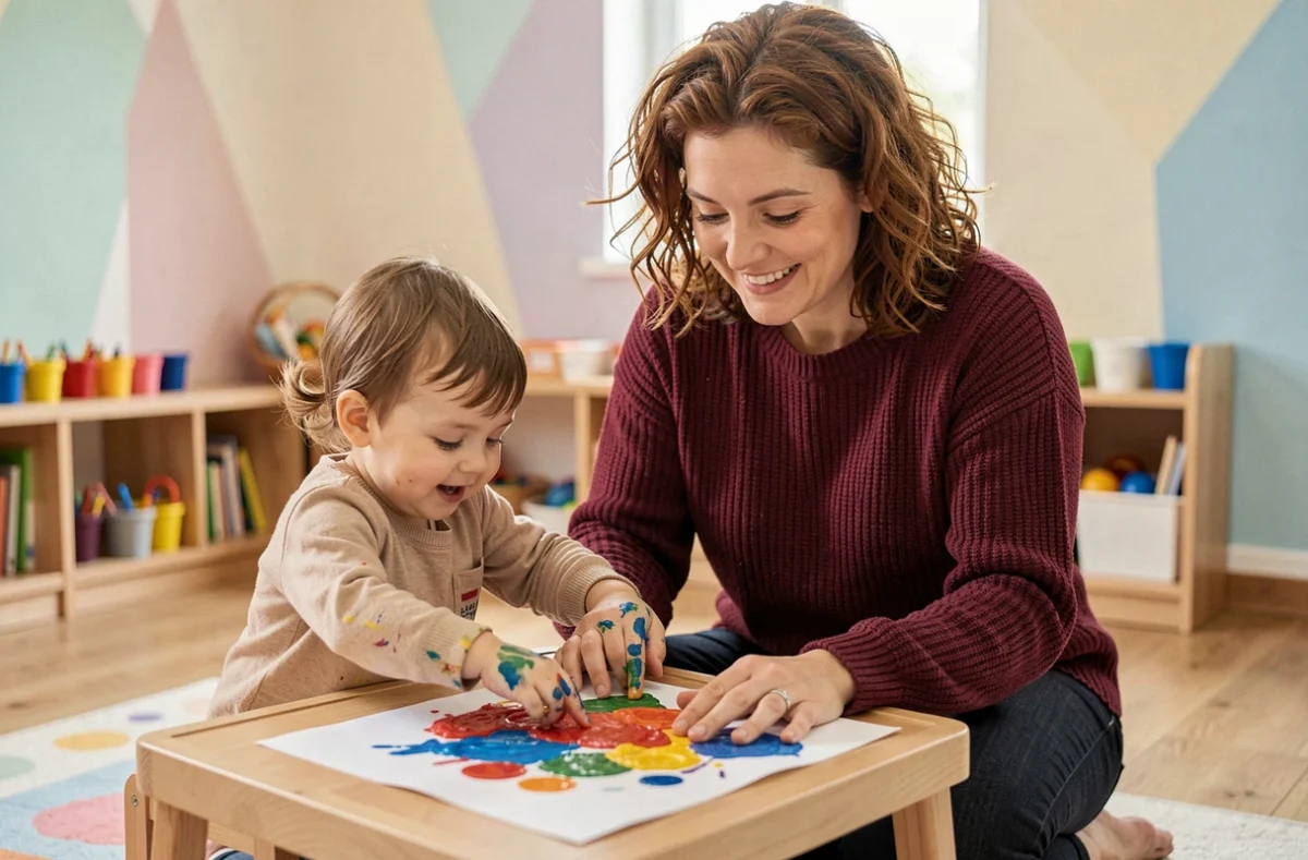 Caroline Drappier, assistante maternelle à Saint-Priest, guidant un enfant dans une activité de peinture aux doigts à une table basse
