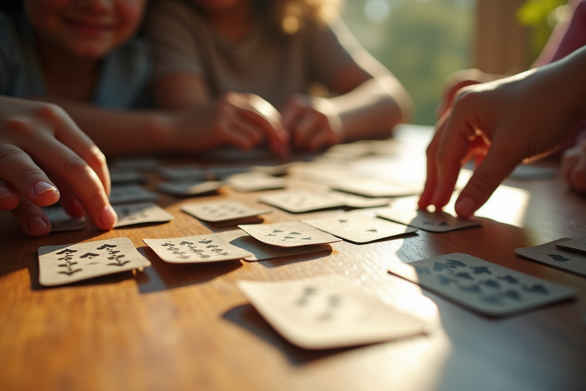 Cartes usées et jetons de jeu sur une table ensoleillée