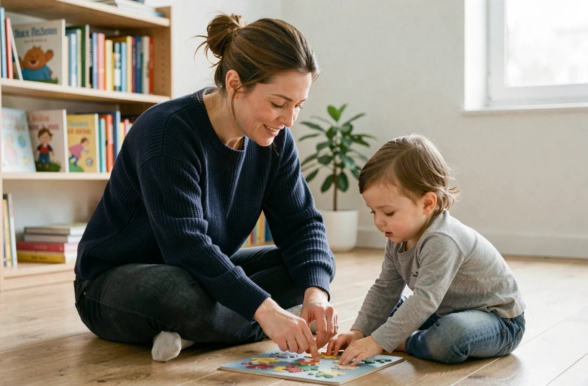 Cecilia Chauvet, assistante maternelle à Caluire-et-Cuire, accompagnant un enfant dans une activité puzzle sur le plancher de son domicile