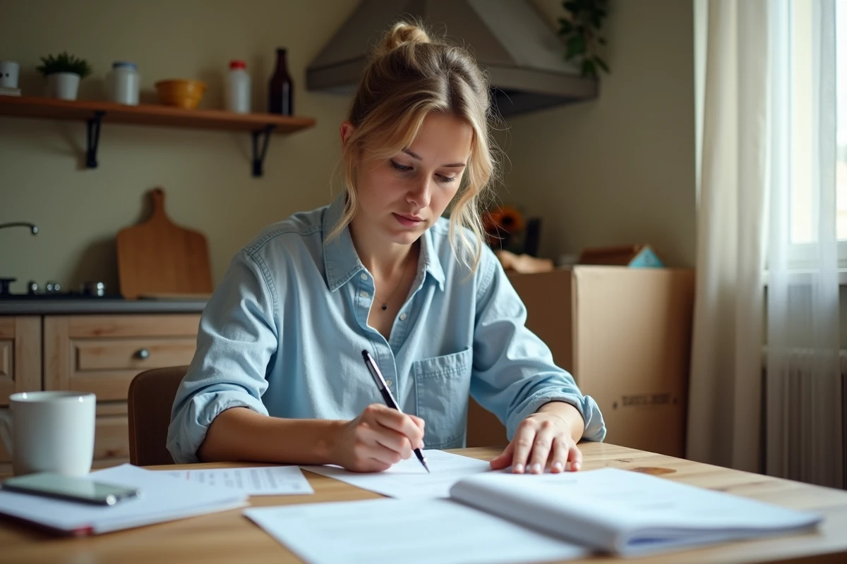 Femme remplissant un formulaire de changement d'adresse CAF dans une cuisine avec des cartons de déménagement