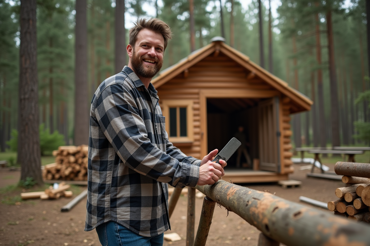 Homme avec barbe coupe une branche en forêt pour une cabane