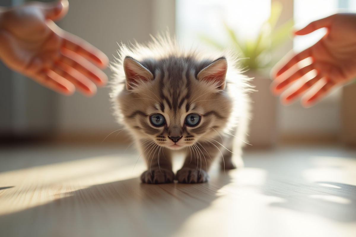 Chaton gris aux yeux bleus explore une cuisine lumineuse avec des mains d