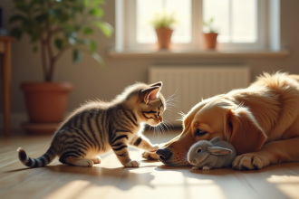 Chaton tricolore jouant avec un retriever et un lapin dans un salon lumineux