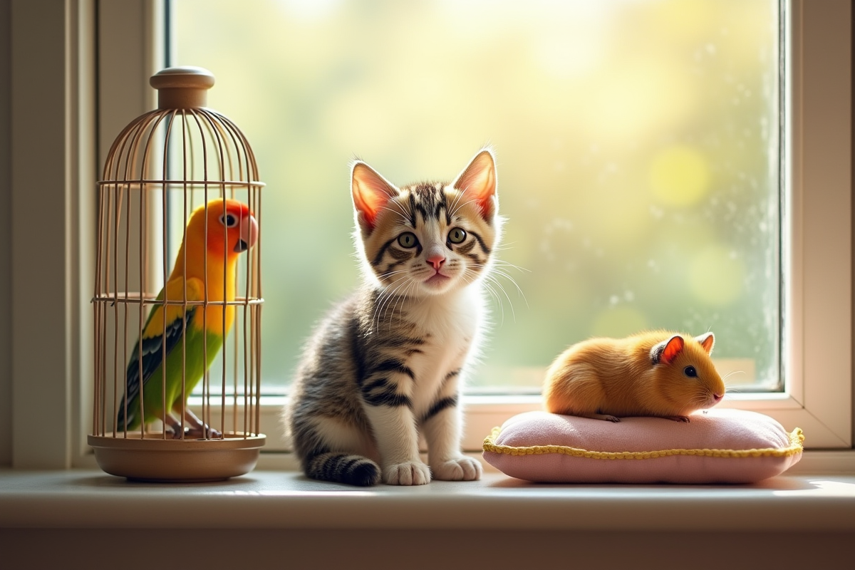 Chaton tricolore sur le rebord de fenêtre avec un perroquet et un cochon d