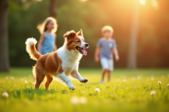 Australian Shepherd rouge jouant avec des enfants dans un parc ensoleille