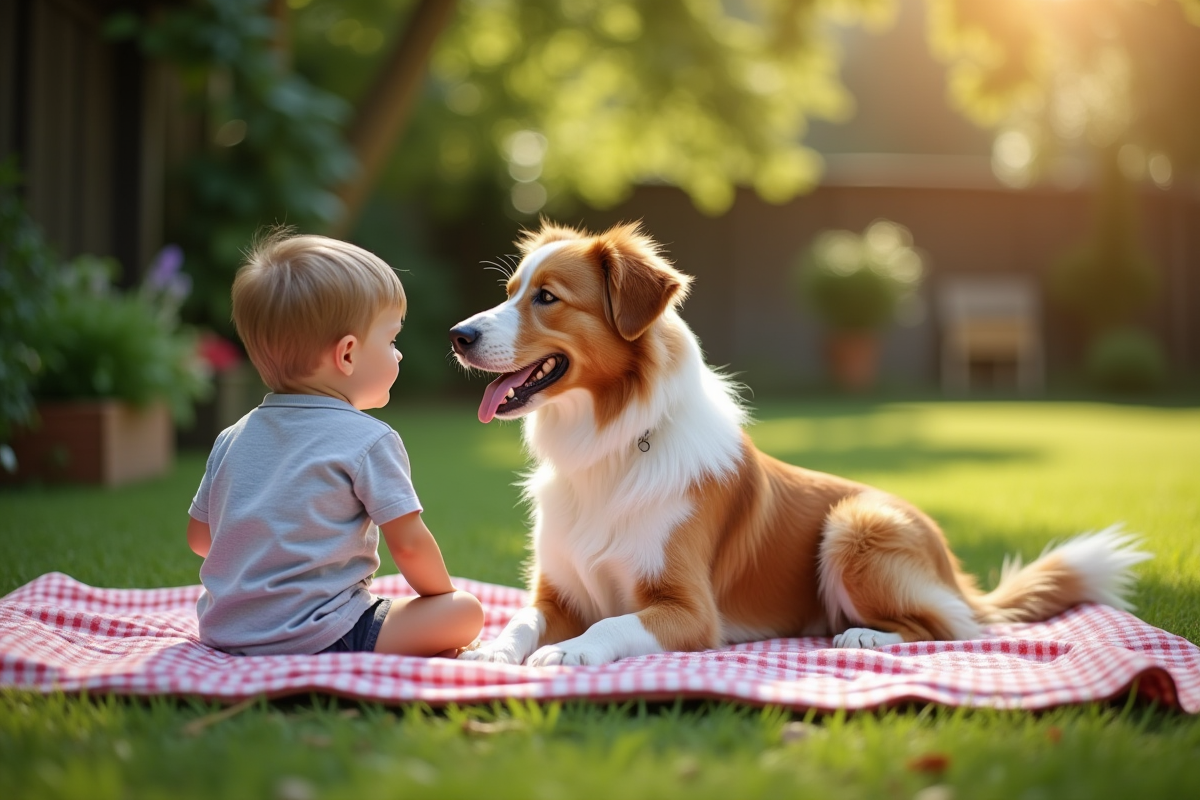 Australian Shepherd rouge assis avec un enfant dans un jardin ombrage