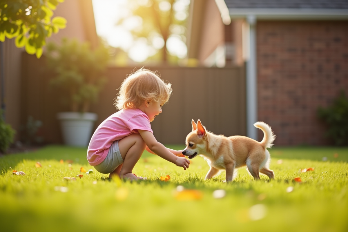 Chihuahua jouant avec un enfant dans le jardin ensoleille