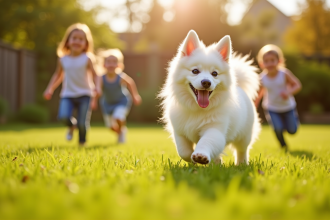 Chien Spitz japonais jouant dans un jardin ensoleille avec deux enfants