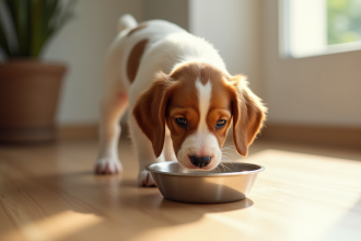 Chiot Brittany Spaniel mangeant dans la cuisine ensoleillee