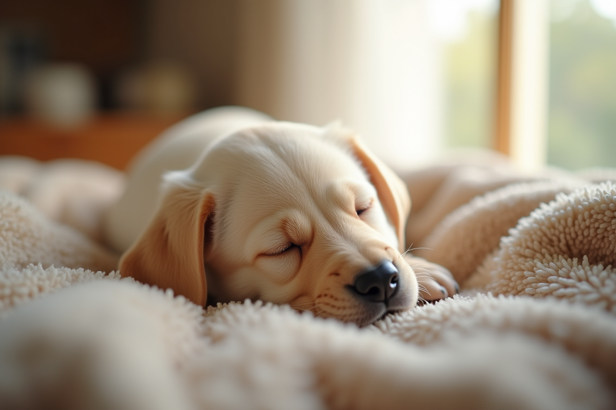 Chiot labrador dormant sur une couverture beige à l