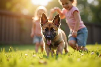 Chiot berger malinois jouant avec des enfants dans le jardin