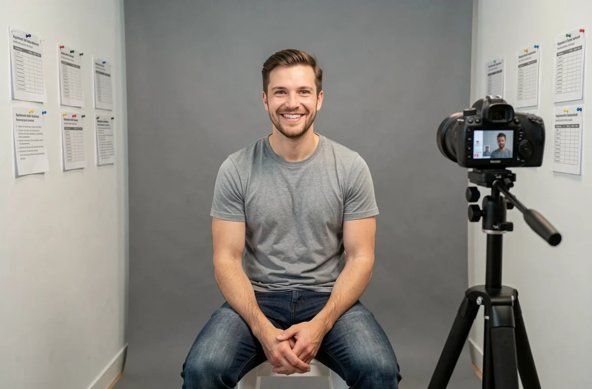 Client en séance photo pour portrait d'identité dans un studio photo professionnel en centre commercial